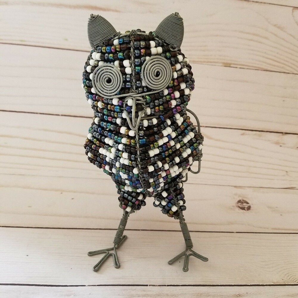 Hand Beaded Wire Owl Figurine 6.5" Boho Folk Art Animal Statue